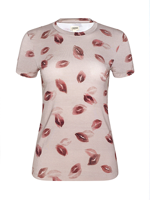 The Ressi Fitted Tee is a slim-cut, short-sleeve t-shirt in light pink stretch jersey with a playful red and brown lipstick kiss print scattered across the fabric.