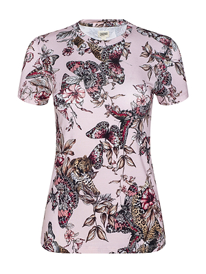The Ressi Fitted Tee is a light pink, short-sleeve women’s t-shirt in soft stretch jersey featuring a black, brown, red, and beige butterfly jungle print with flowers and leaves. Displayed on a plain white background.