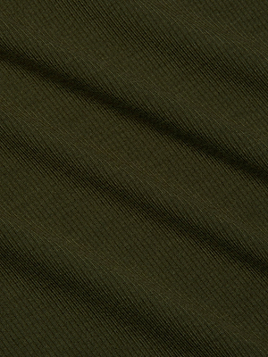 Close-up of L'AGENCE's Ressi Micro-Rib Tee in olive green, showcasing ultra-soft jersey fabric with visible diagonal ribbed texture and gentle folds for a figure-flattering look.