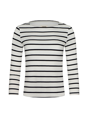 The Lucille Striped Boatneck Top is a long-sleeve, white top with classic stripes and a boat neckline, shown on a plain white background.