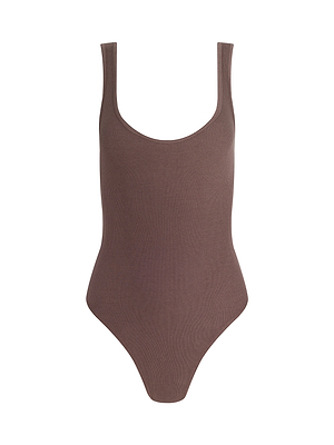 The Nica Scoopneck Bodysuit has a sleeveless, sculpted fit in stretch rib fabric with a scoop neckline and high-cut legs, shown against a plain white background.