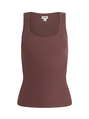 The Adira Scoopneck Tank is a sleeveless stretch rib tank in muted brown with a scoop neckline and fitted silhouette, shown against a white background. This essential top is ideal for versatile, everyday styling.