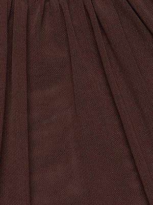 Close-up of Gwendolyn Mesh Bodysuit fabric, showcasing its gathered brown, lightweight stretch mesh with a textured pattern and visible folds.