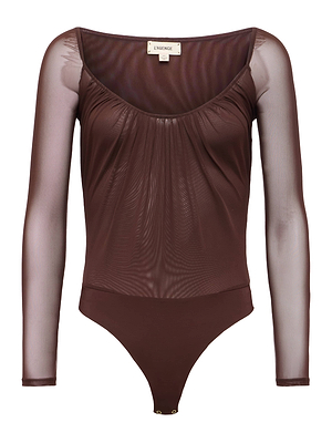 The Gwendolyn Mesh Bodysuit is a brown bodysuit with sheer long sleeves, lightweight stretch mesh, a gathered neckline, snap bottom closure, and an inner collar fabric label.