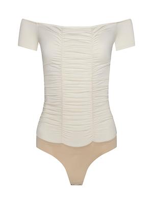 The Baliegh Ruched Bodysuit features an off-white, off-the-shoulder design with delicate front ruching, a fitted silhouette, and a contrasting beige thong-cut bottom for chic, vintage-inspired style.
