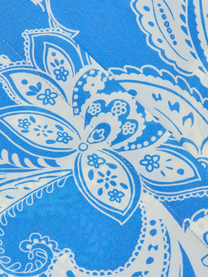 The Cameron Silk Shirt Dress showcases blue and white paisley print with detailed floral and leaf motifs, swirling designs, and dotted outlines, evoking the charm of a classic Western toile.