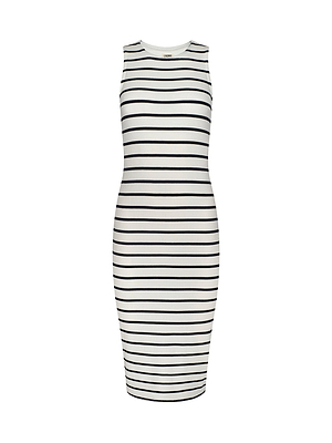 The Nura Racerback Midi Dress is a sleeveless, knee-length piece with a fitted silhouette and horizontal black stripes on white—ideal as a classic striped day dress.