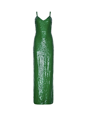 The L'AGENCE Karma Sequin Maxi Dress is a sleeveless, floor-length emerald gown with thin straps, a fitted silhouette, and structured bodice, shown against a plain white background.