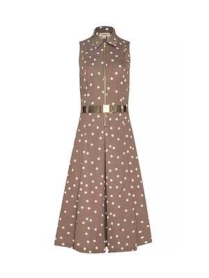 Brown dress with white polka dots and a gold belt on a white background