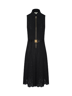 The Kylo Lace Shirt Dress is a sleeveless black floral lace dress with a collar, gold front zipper, and a matching black belt with gold buckle—ideal for desk-to-drinks style. Shown on a plain white background.