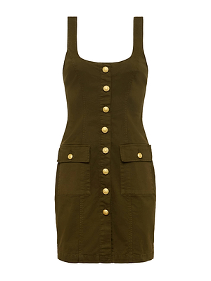 The L'AGENCE Midy Button-Front Dress is a fitted, sleeveless olive green mini dress in stretch cotton twill, featuring a scoop neckline, gold front buttons, and two flap pockets for a chic and flattering silhouette.