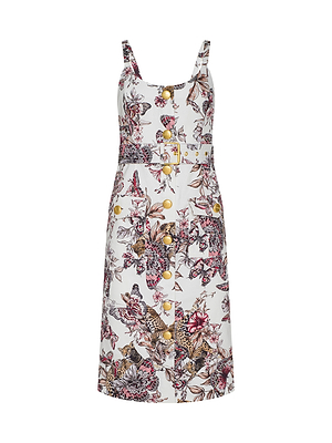 The Ida Dress is a sleeveless white midi stretch cotton dress featuring pink, brown, and black floral and animal prints, front gold buttons, an adjustable belt, and shoulder straps.