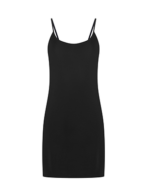 The Raye Slip Lining Dress, a black spaghetti strap slip dress in soft stretch jersey, features a straight neckline, adjustable straps, and a fitted above-the-knee silhouette. Displayed against a plain white background.
