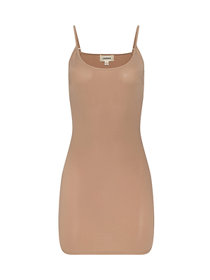 The Raye Slip Lining Dress is a sleeveless, nude bodycon slip dress made from soft stretch jersey with thin adjustable spaghetti straps and a straight neckline, shown against a plain white background.