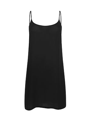 The Raye Slip Lining Dress is a plain black poly georgette dress with thin adjustable spaghetti straps, a loose straight fit, and an above-the-knee length, shown on a white background.