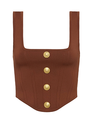 The Saga Top is a chocolate brown, corset-inspired top with a square neckline, five large gold buttons, ribbed texture, and a flattering fitted silhouette.