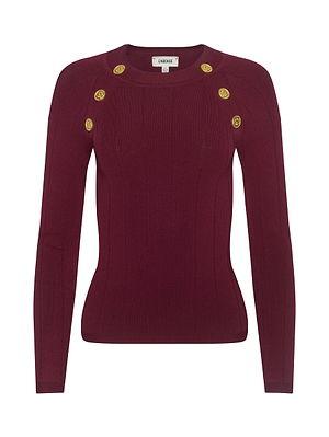 The Gretchen Pullover by L'AGENCE is a fitted, burgundy power knit sweater with long sleeves, ribbed texture, crewneck, and six gold lion head buttons on the shoulder seams.