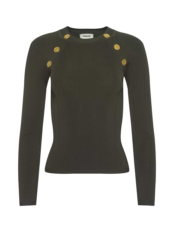 The Gretchen Pullover by L'AGENCE is a fitted, long-sleeve dark green power knit sweater with gold decorative buttons on both shoulders and a classic crewneck.
