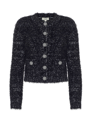 The Una Knit Cardigan is a fuzzy black cropped knit with long sleeves, silver-tone front buttons, and a round neckline.