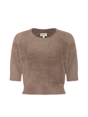 The Guinevere Cropped Pullover is a brown, fuzzy crewneck sweater with short sleeves, a gold hem tag, relaxed fit, and ultra-soft knit—for comfort and style.
