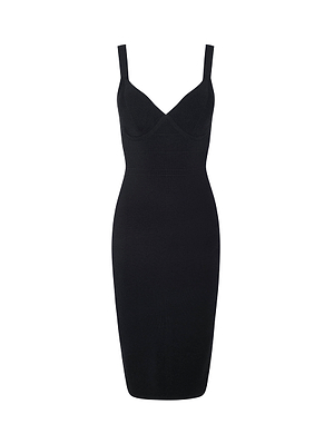 The Jimena Knit Dress is a fitted, sleeveless black power knit dress with wide shoulder straps, structured cups, a sweetheart neckline, and a knee-length hem, shown against a plain white background.