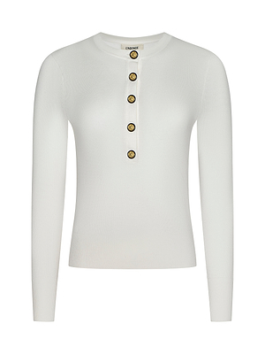 The Ronda Knit Henley Top is a lightweight white sweater with a fitted silhouette, round neck, and five gold buttons along the placket for an elegant touch.