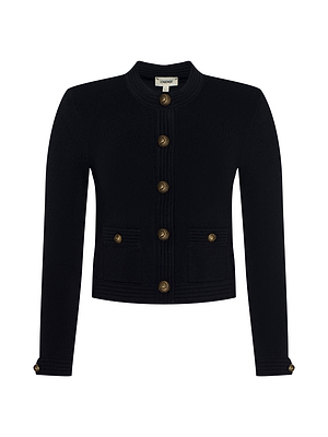 The Patsy Cropped Cardigan is a black, power knit, long-sleeve jacket with signature gold buttons down the front, two front pockets, and button details on the cuffs.