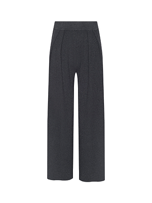 The Milly Knit Pant is a wide-leg, charcoal gray pull-on trouser with a high waist, front pleats, and side pockets, shown on a white background.