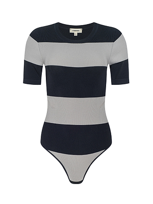 The Rosemond Bodysuit features short sleeves, a fitted design with navy blue and light gray wide stripes, a crew neckline, snap bottom closure, and is made from power stretch knit for comfort and style.