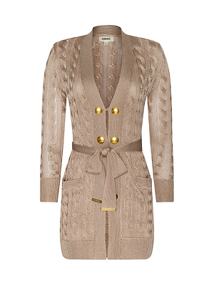 The Penelope Cabled Cardigan features a camel tone, cable-knit design, logo buttons, a belted waist, two front pockets, and ribbed cuffs and hem.