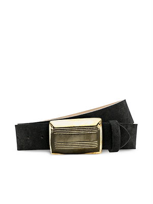 The Cebo Belt is a black suede accessory with a large rectangular gold buckle featuring engraved horizontal lines, inspired by Fall 2026 trends and shown against a plain white background.