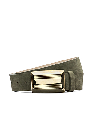The Cebo Belt is a green suede accessory with a large rectangular gold buckle featuring a ridged design, coiled against a white background and inspired by New York Fashion Week's historical romance trends for Fall 2026.