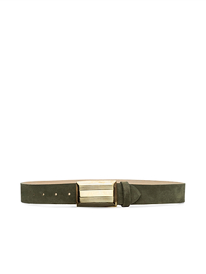 The Cebo Belt, a green suede accessory with a rectangular gold-tone ridged buckle, channels vintage romance and makes a bold statement for Fall 2026 New York Fashion Week, elegantly displayed on a white background.
