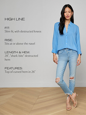 Woman wearing a blue shirt and ripped jeans with product specifications on a plain background