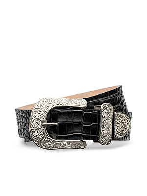 The Otera Leather Belt is a black, handcrafted croc-embossed leather belt featuring an ornate silver floral engraved buckle, tip, and loop with intricate detailing.