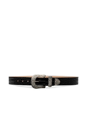 The Otera Leather Belt features black croc-embossed leather with a large ornate silver floral-engraved buckle, matching silver loop and tip, shown on a white background.