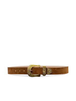 The Otera Suede Belt is a brown western-style belt featuring a decorative, engraved gold buckle, shown against a white background.