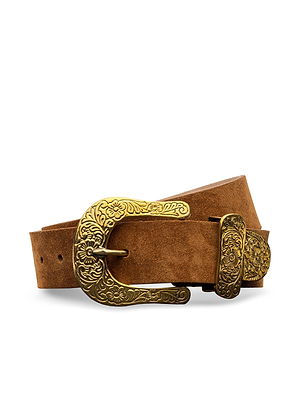 The Otera Suede Belt is a brown western belt with a floral-patterned, engraved gold buckle and loop, shown coiled on a white background—adding handcrafted charm to any look.