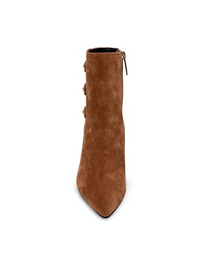 Theodora Block-Heel Bootie by L'AGENCE: brown buckskin suede, pointed toe, block heel, side zipper, and three decorative straps, shown from the front on a white background.