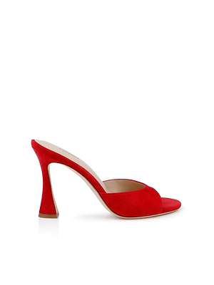 The Avery Suede Open-Toe Mule is a red high-heeled sandal with a sculpted curved heel and open toe, shown on a white background.