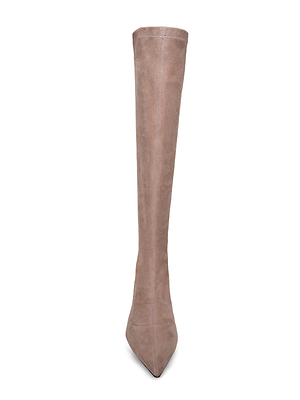 The Emilie Kitten-Heel Boot is a knee-high stretch suede boot in taupe with a pointed toe, displayed from the front against a white background.