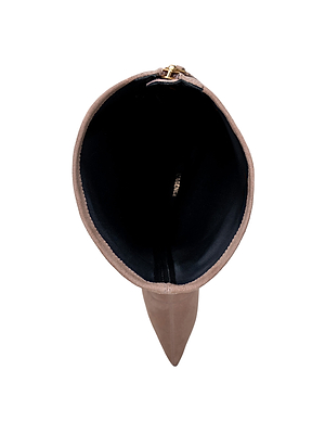 Top view of Emilie Kitten-Heel Boot in taupe stretch suede with a pointed toe, black interior lining, and top zipper, photographed on a white background. Stylish and perfect for elevating any outfit.