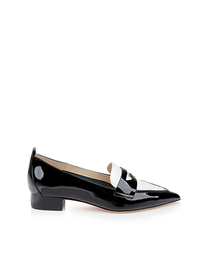 The Maelys Patent Leather Loafer is a black penny loafer for women, featuring a pointed toe, low square heel, and contrasting white strap—ideal as a stylish dress shoe. Shown against a white background.