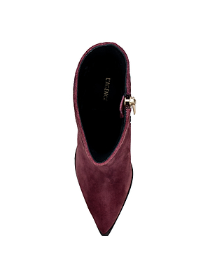 Top view of the Anne Western Bootie in burgundy suede, featuring a pointed toe, side zipper, and black interior, displayed on a white background.