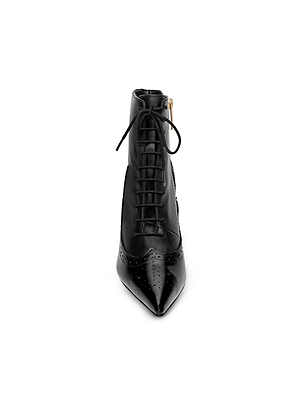 Front view of the Fayette Lace-Up Bootie in black leather, featuring a pointed toe, vintage brogue-inspired perforations, lace-up closure, and a side zipper.