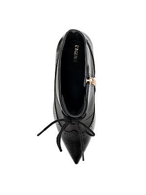 Top view of a single Fayette Lace-Up Bootie in black with pointed toe, laces, a gold decorative side buckle, and a memory foam insole for comfort, isolated on a white background.