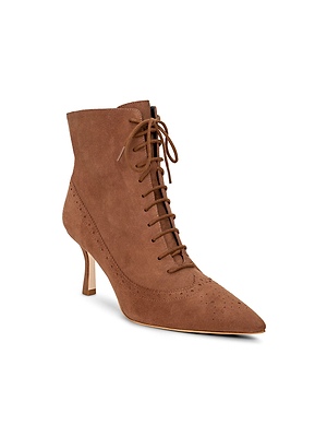 The Fayette Lace-Up Bootie is a brown suede ankle boot featuring a pointed toe, vintage brogue detailing, mid-height stiletto heel, and soft memory foam insole, shown here against a white background.