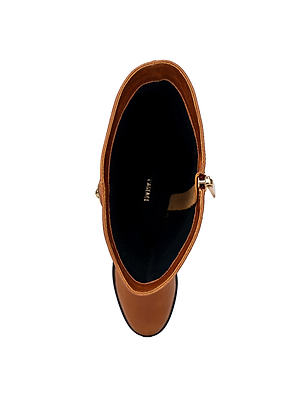 Top-down view of the Oceana Riding Boot in cognac leather, featuring a rounded toe, dark interior, and side buckle, shown against a white background.