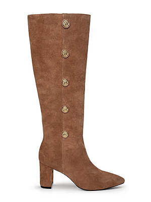 The Octavie Knee-High Boot features tan suede, a pointed toe, block heel, and five gold decorative buttons along the outer side.