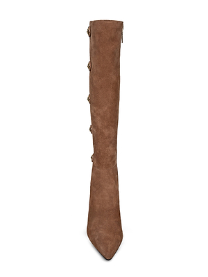 The Octavie Knee-High Boot is a tall tan suede boot with a pointed toe and vertical decorative buttons on one side, displayed facing forward against a white background.